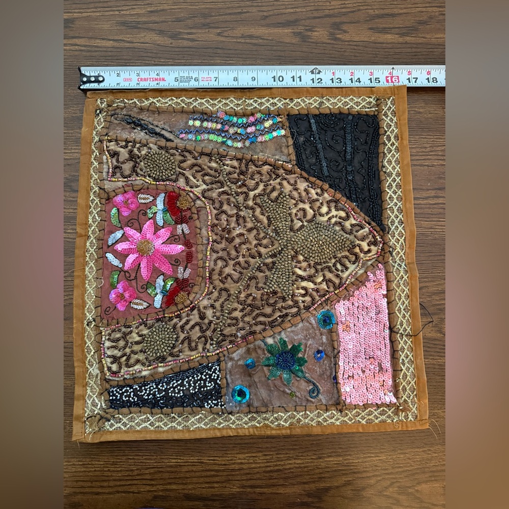 Indian Hand Embroidered Patchwork Cushion Cover- gold and pink accents